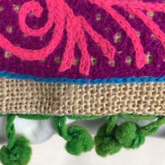 Tropical bright embroidered seahorse pillow covers/burlap with Pom fring-2pc set - Picture 9 of 16